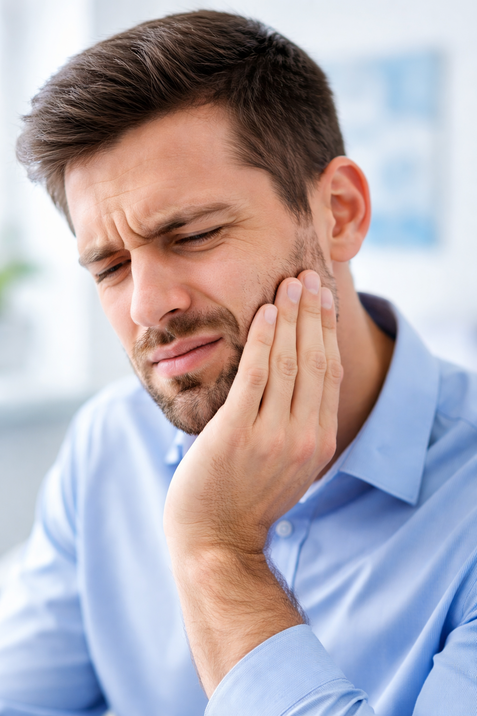 Mann hält sich schmerzhaft den Kiefer – Darstellung von Kieferschmerzen ohne erkennbare Ursache oder Zahnproblem