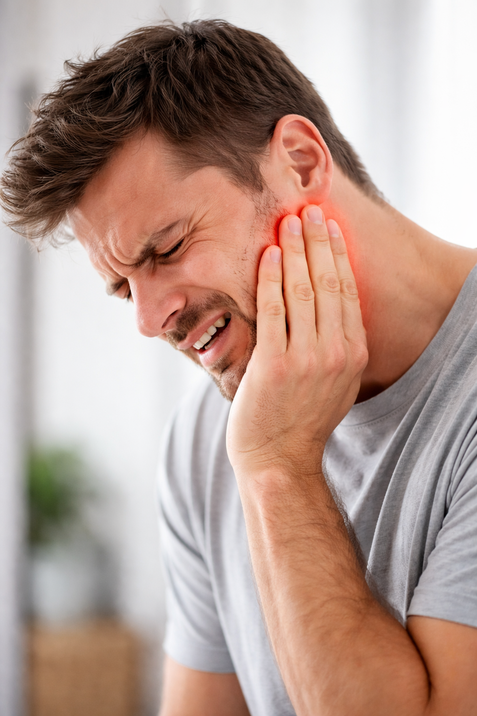 Person mit nach vorne geneigtem Kopf hält sich den Kiefer vor Schmerzen