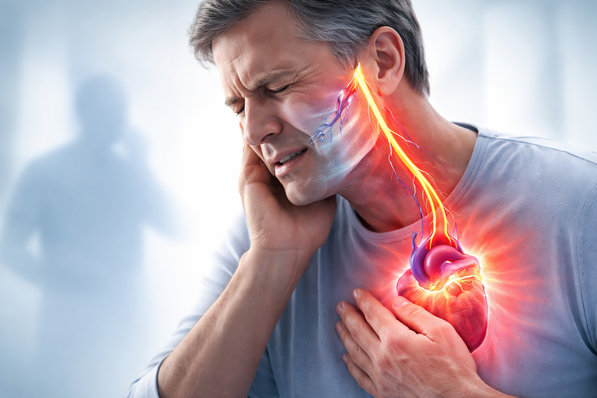 Illustration zeigt, wie Schmerzen vom Herzen in den Kiefer und die Zähne ausstrahlen können