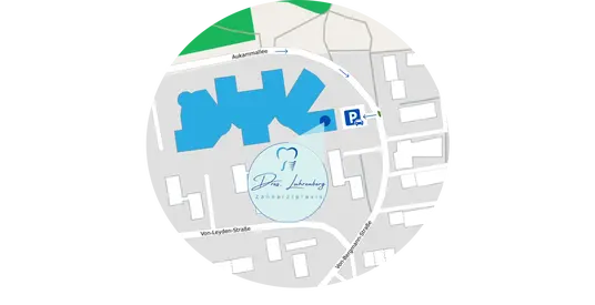 Lage der Zahnarztpraxis Dres. Luhrenberg in Wiesbaden-Bierstadt Anfahrtskarte Zahnarztpraxis Dres. Luhrenberg – zentral in Wiesbaden-Bierstadt mit guter Erreichbarkeit und Parkplätzen