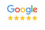 Google Logo mit fünf gelben Sternen – 5-Sterne-Bewertungen für Zahnarztpraxis Dres. Luhrenberg in Wiesbaden